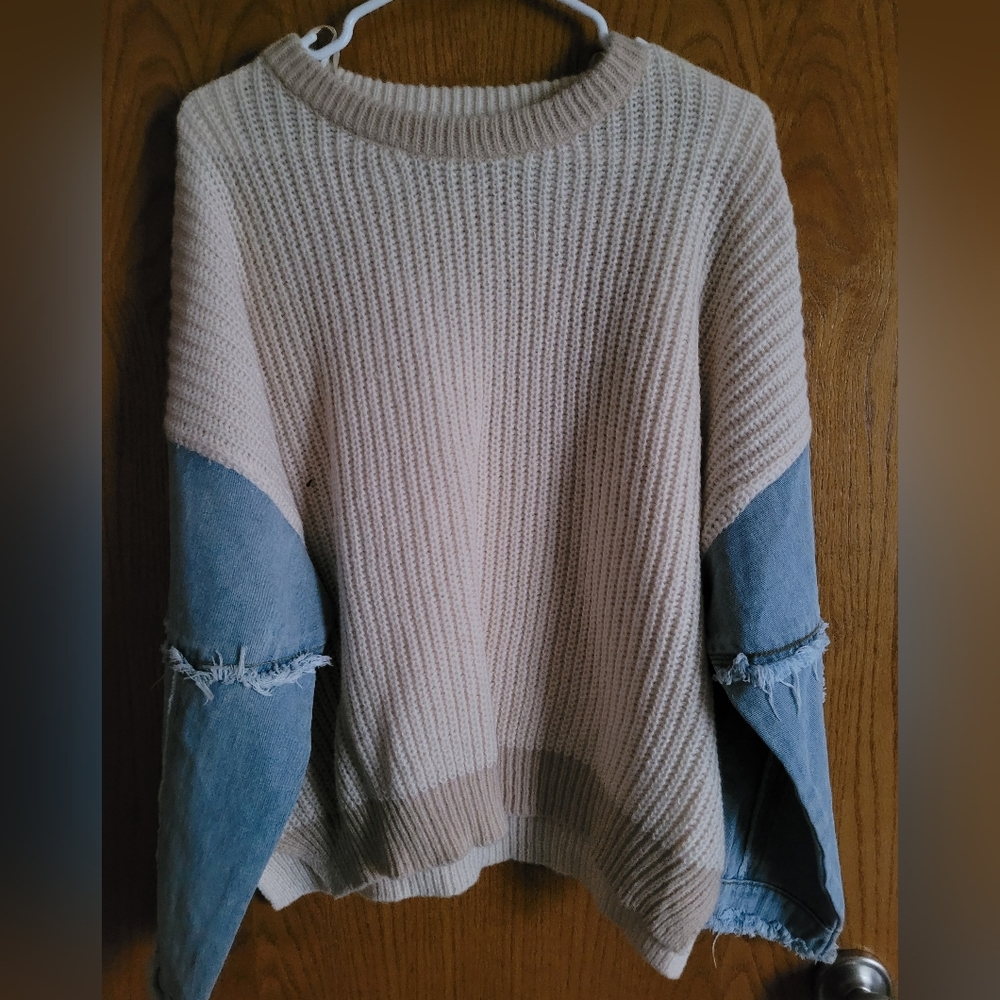 New, never worn S/M Debut Sweater with Denim Sleeves